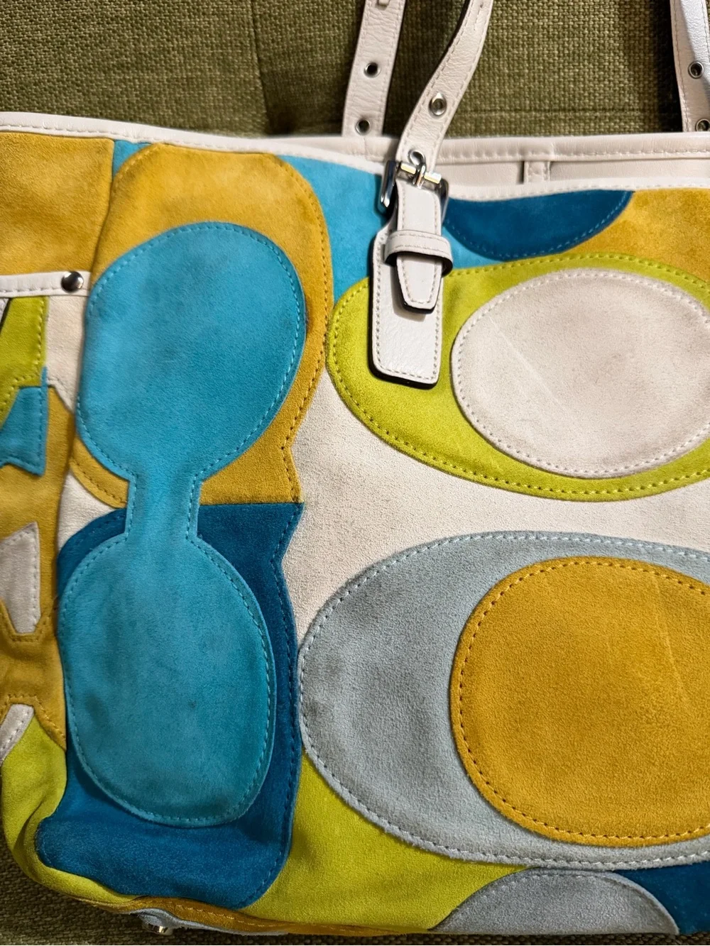 Coach Multicolor Suede Tote with White Leather Handles